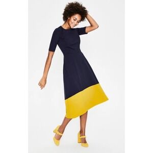 Boden Wren Navy Gold Colorblock Hi-Low Midi Dress size 10P Short Sleeve Flare